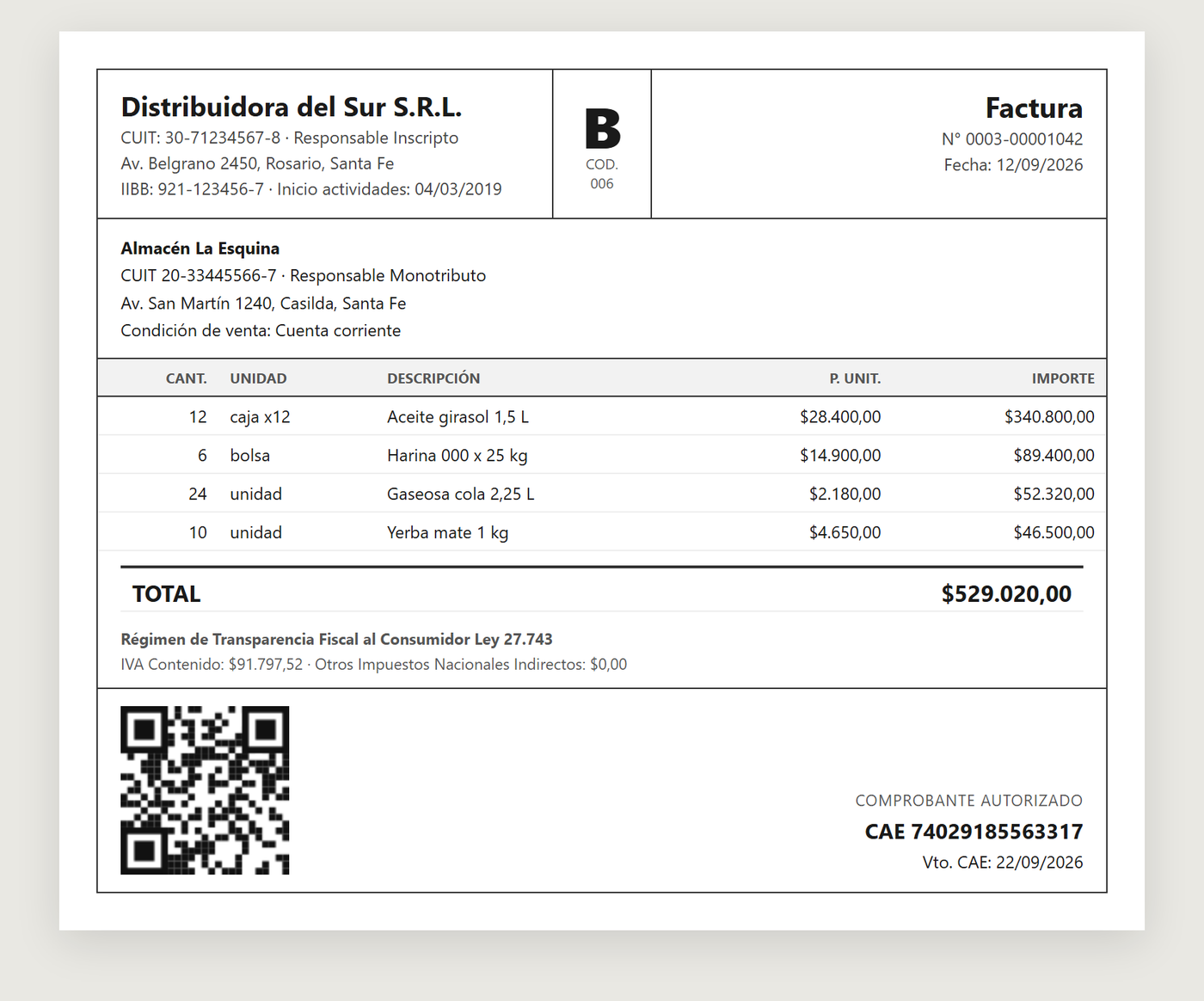 La Estiba — factura electrónica con CAE y QR (datos de ejemplo)