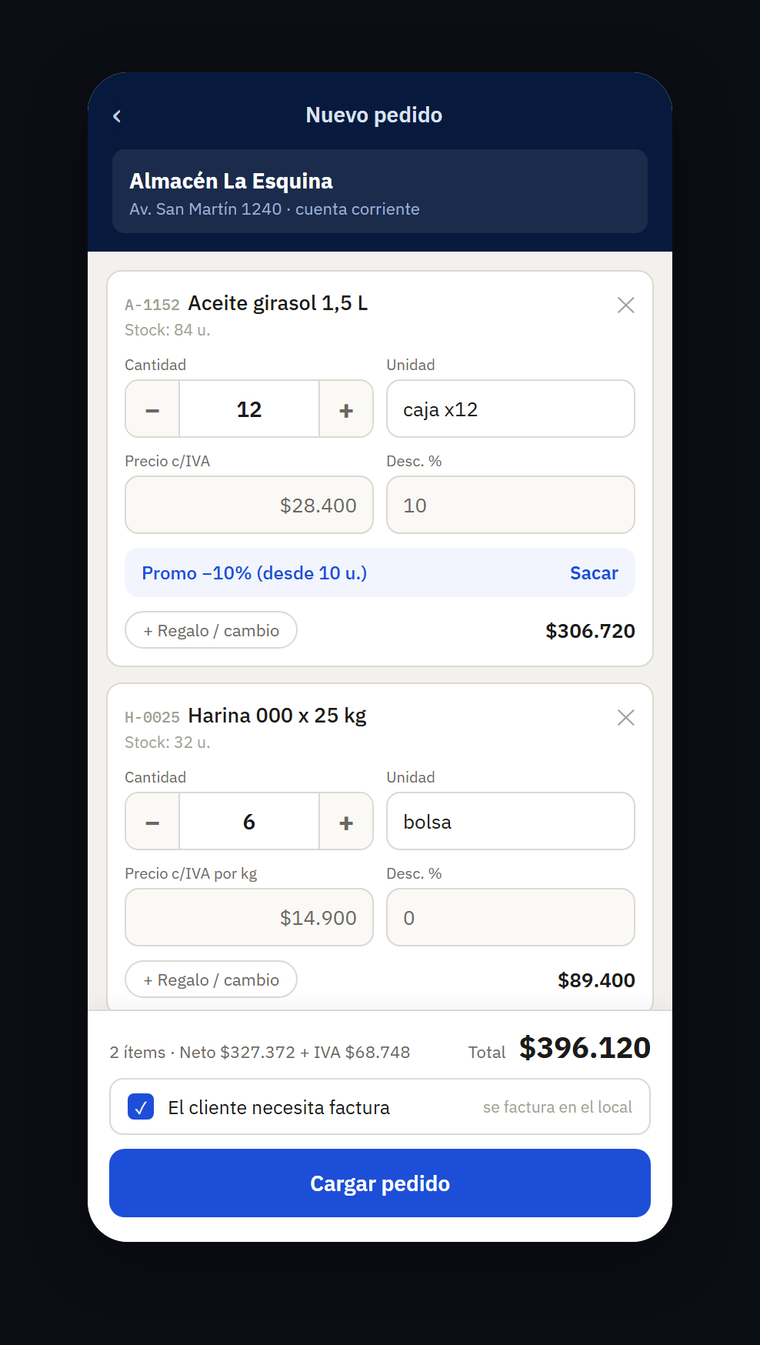 La Estiba — app del vendedor, pedido en la ruta (datos de ejemplo)