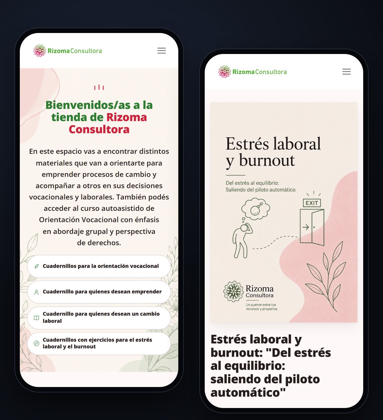 Rizoma — la tienda en el celular: portada y catálogo